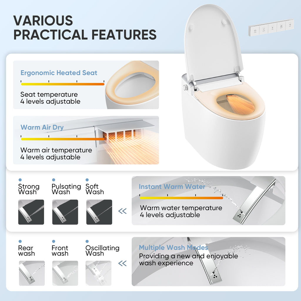 LEIVI Smart Toilet with Built-in Bidet Seat, Tankless Toilet with Auto Lid Opening, Closing and Flushing, Heated Seat, Digital Display, Remote Control, Elongated